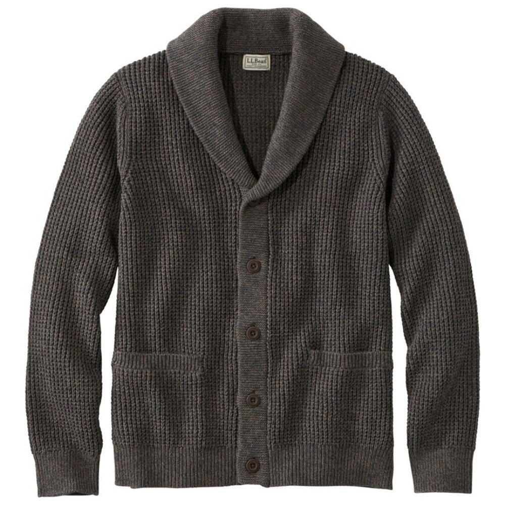 LL Bean Men's Organic Cotton Waffle Sweater, Cardigan in Dark Cinder